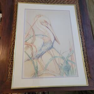 Original Louise Freshman Brown 1986 Framed Glass Blue heron / pelican pencil Art